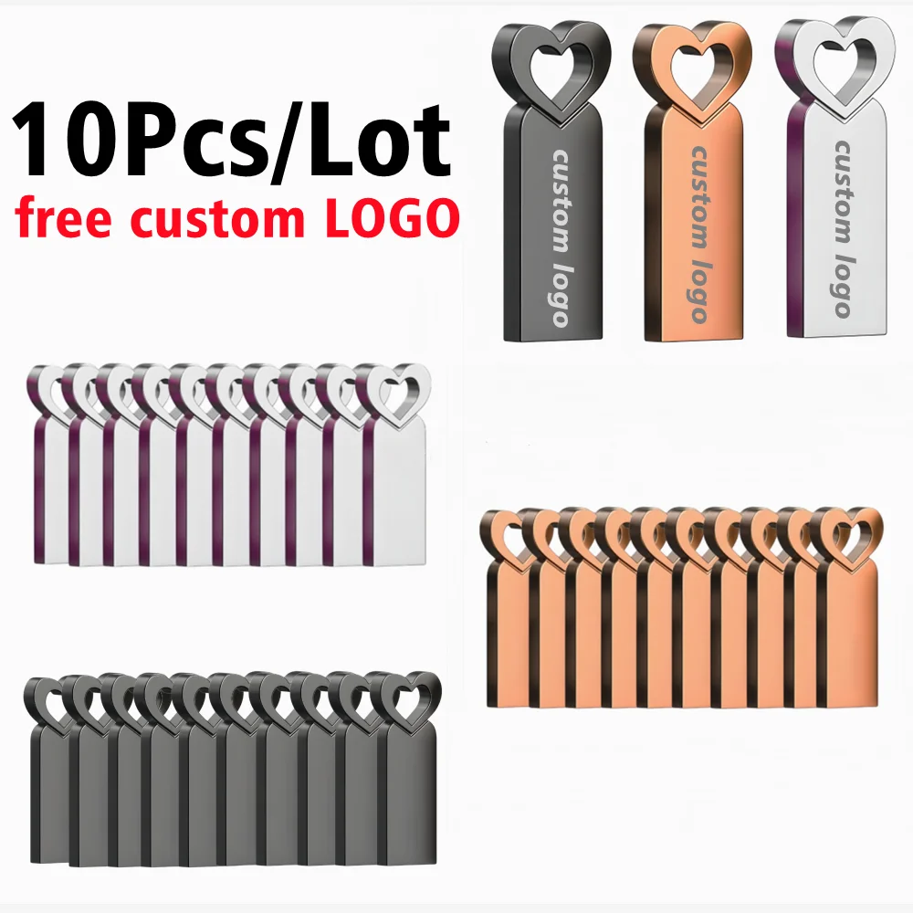 10Pcs/Lot Color Metal Heart Model USB2.0 Flash Drive 4GB 8GB 16GB 32GB 64GB 128GB Memory Stick Free Custom LOGO