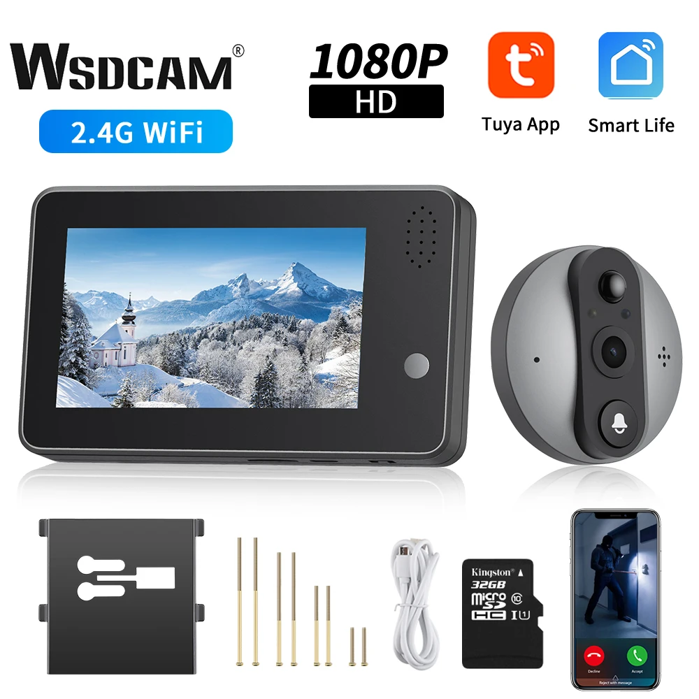 Wsdcam Tuya WIFI Peephole Doorbell Wireless Bell Night Vision Smart Home Door Viewer 4.3 Inch Video Intercom Doorbell Camera