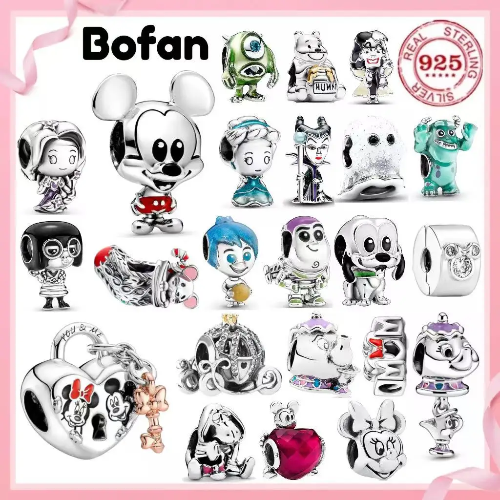 Classic Cartoon 925%Pure Silver Minnie Christmas Socks with Multiple Styles Princess Charm Bead Jewelry for Women Birthday Gifts