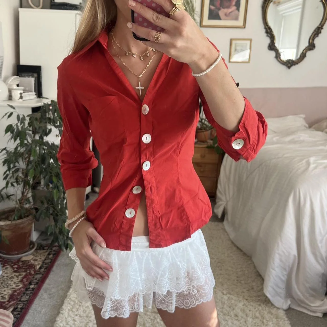 New Fashion Womens Button Down Shirt Casual Slim Fit Stylish Solid Striped Lapel V Neck 3/4 Sleeve Tops Hot Sale S-XL