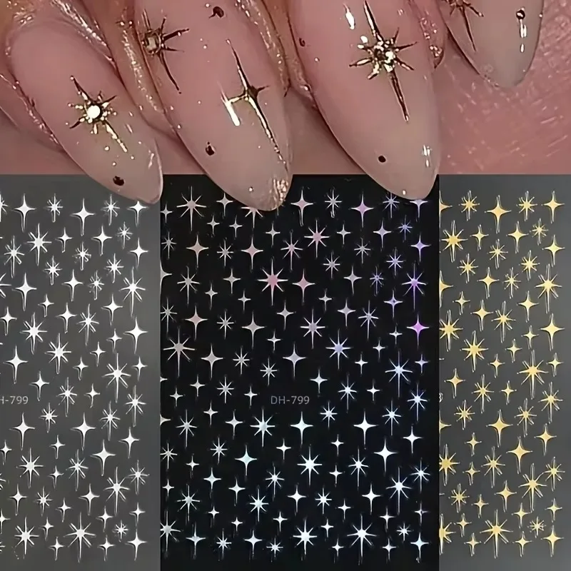 3 Set of Metal Laser Starburst Nail Art Stickers, Disposable Self-Adhesive Nail Stickers for Women DIY Artistic Decorative Acces