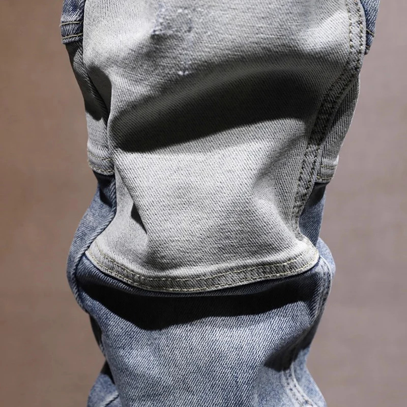 High Street กางเกงยีนส์แฟชั่นผู้ชาย Retro Blue ยืด Slim Fit Ripped กางเกงยีนส์ผู้ชายหลายกระเป๋า Hip Hop Y2K Denim Cargo กางเกง Hombre