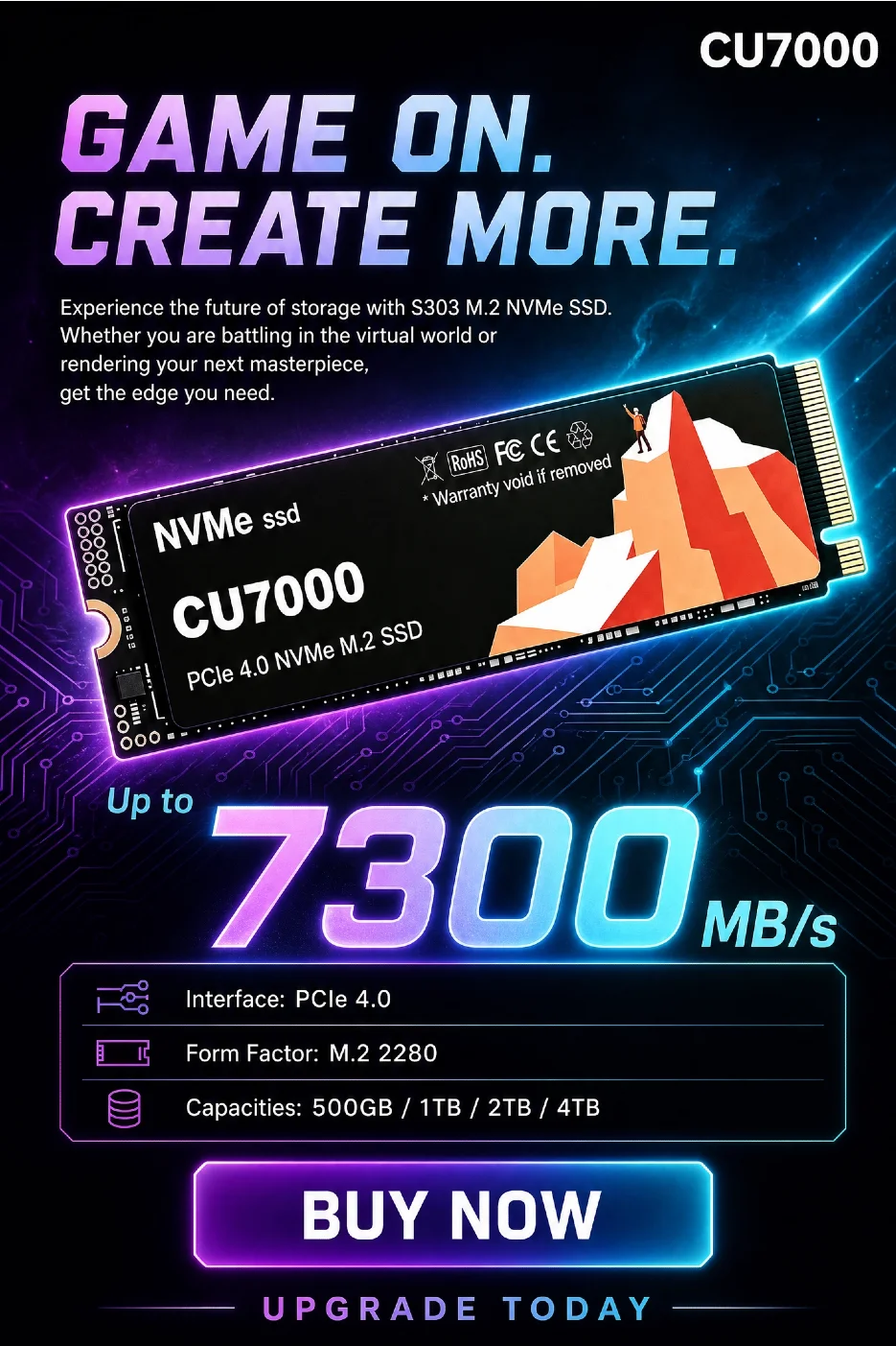 CU7000 500GB-4TB M.2 NVMe Solid State Drive, up to 7300MB/s Read, Hard Disk for Laptops and Desktop Computers.