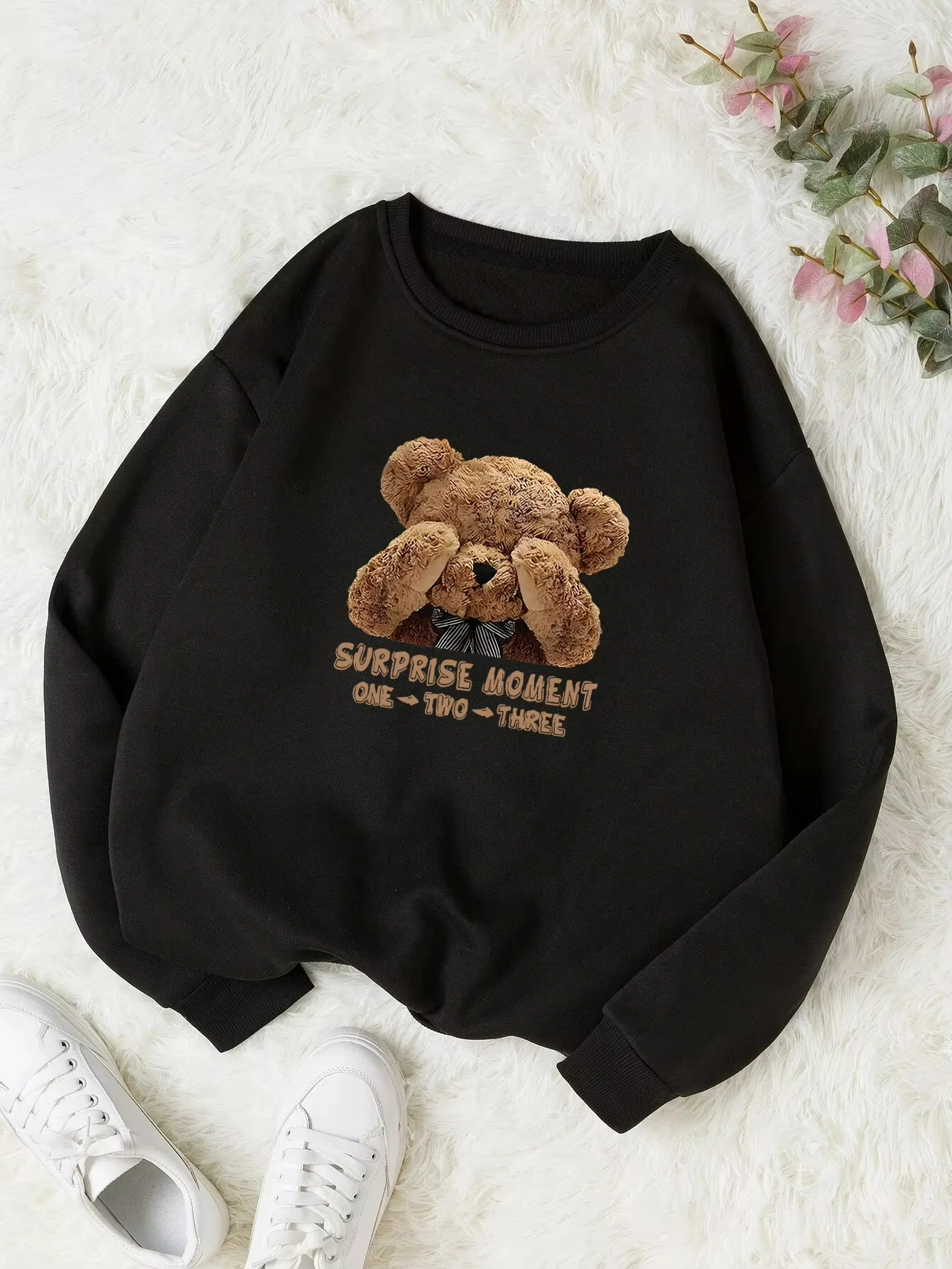 Bear Classic Printed Heat Lining, Crew Neck Loose Pullover, Long Sleeve Plus Velvet Sweatshirt Casual 2024 Winter New Women\'s ！