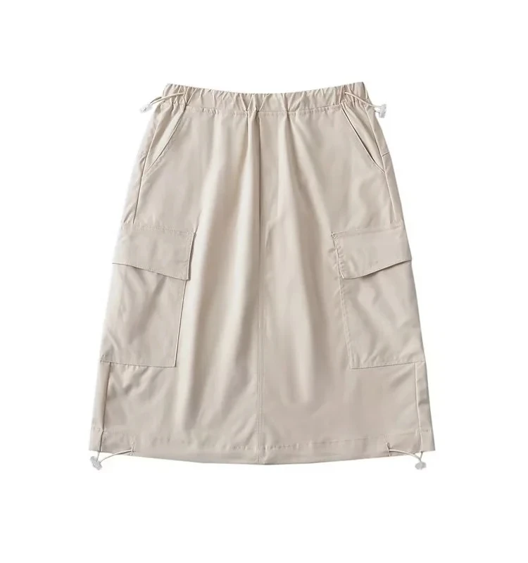 กระโปรงทรงเอเอวสม็อคสไตล์อเมริกันเรโทรสำหรับผู้หญิง ใส่ทำงานได้ ใส่เที่ยวได้ ใส่ได้หลายโอกาส ช่วยให้ดูผอมเพรียว เหมาะกับฤดูร้อน ความยาวห้าส่วน พร้อมเชือกผูกเอว