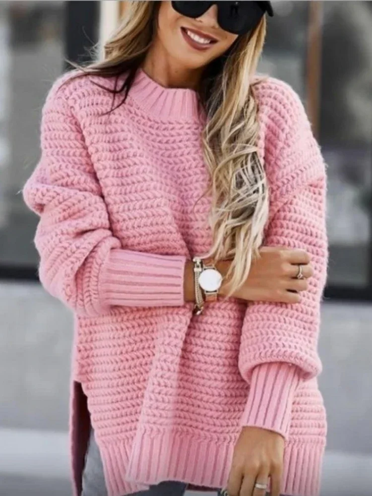 Knit Sweaters Women Half High Collar Full Sleeve Thick Splice Jumpers Solid Casual Split Pullovers Office Lady Elegant 2024