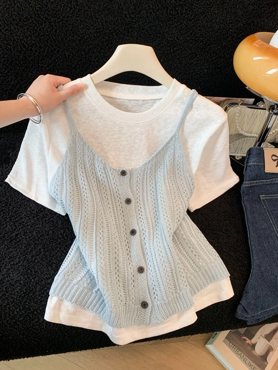 Dopamine Sweet Short Sleeve Knitted Vest Top Thin Summer Women's Fashion Shoulder T-Shirt Two-Piece Set Commute Style Loose Fit