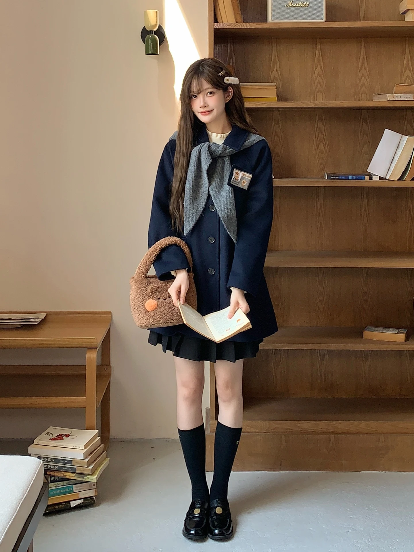 

Tokyo Annual Record JK Autumn Winter New Sle Small Size Women's Coat k Blue Woolen ey Scarf Hat Coat Sweet School Sle