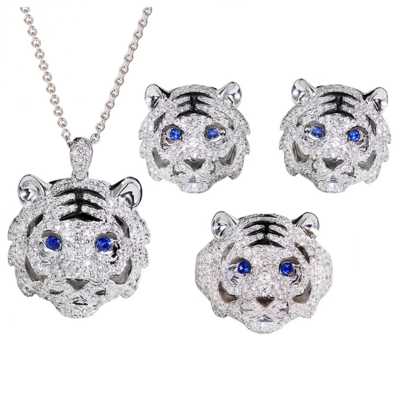 New Design - Dominant Tiger Pattern Set - S925 AAAA Zircon Ring - Party Hip-Hop Style - Diamond Set Earrings, Necklace
