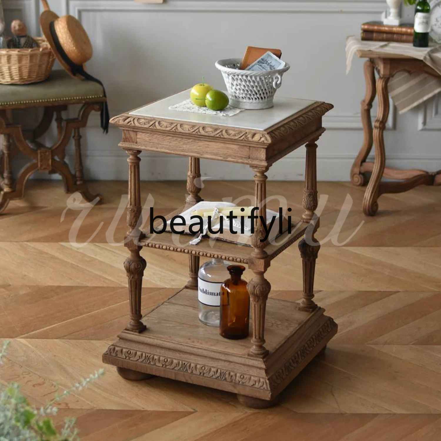 

French retro solid wood edge few living room old shelf American rural movable carving