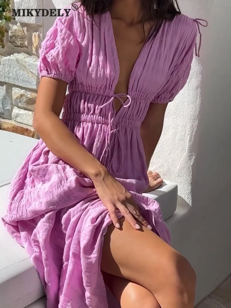 Mikydely Puff Sleeve Ankle Length Summer Dresses V Neck Cut Out Party Dress Solid Short Sleeve Pleated Long Dresses Fashion