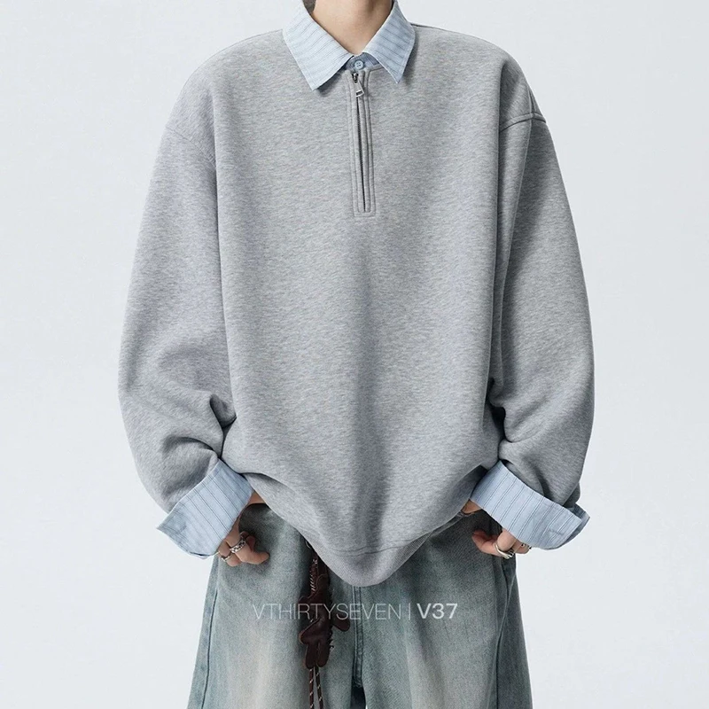 2026 Fall Men Fake Two Piece Polo Shirt Heavyweight Half Zip Long Sleeve T Shirt Spliced Collar Oversized Streetwear Casual Tops