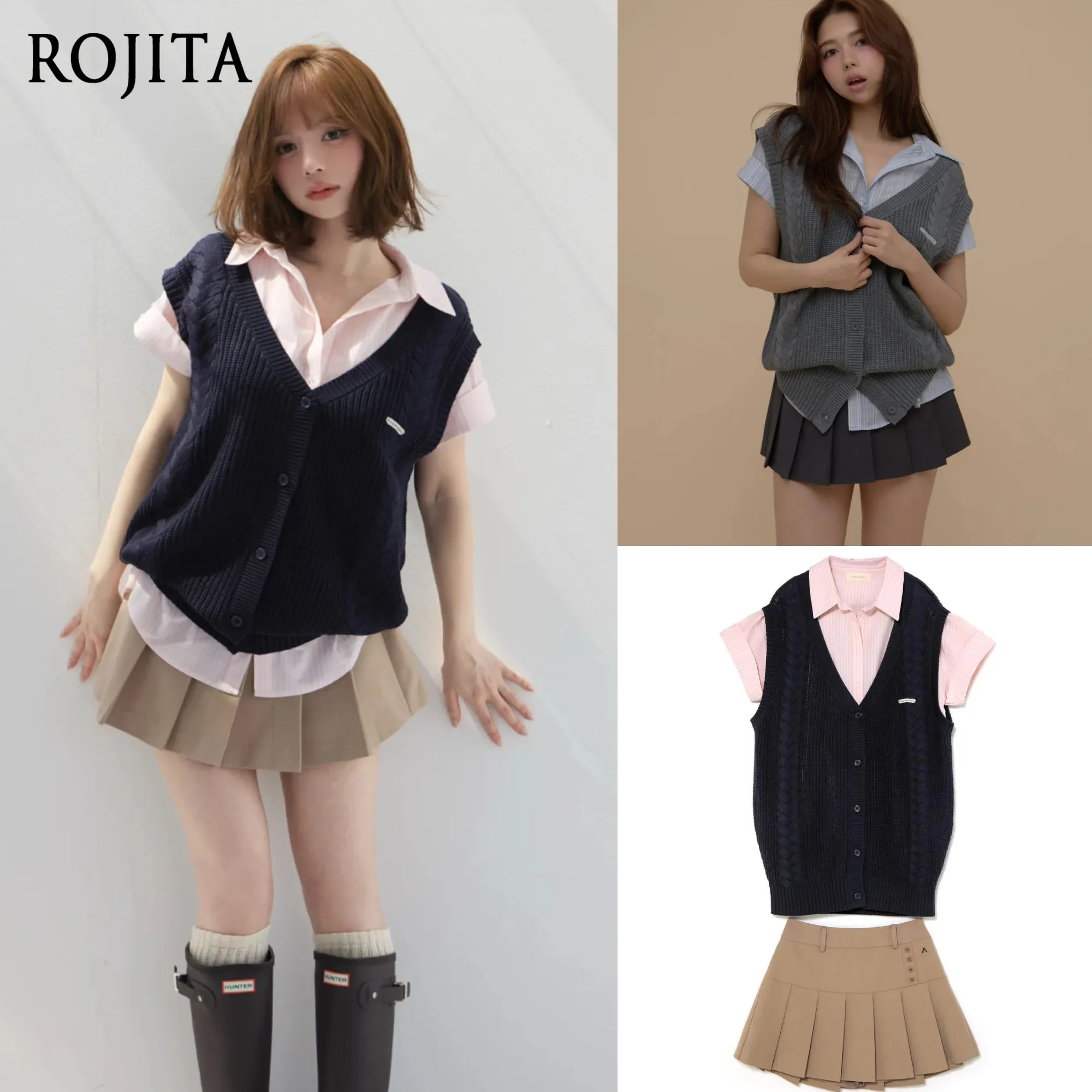 Women 3Pcs Preppy Outfit V Neck Cable Knit Vest + Short Sleeve Shirt + High Waist Pleated Mini Skirt Suit