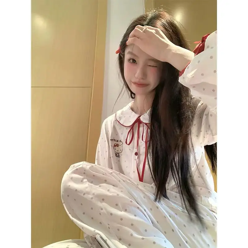 Sanrios Hello Kittys Pajamas Creative Cartoon New Style Ins Home Wear Fashion Comfortable Hot Sale Spring Long Sleeve Suit Cute