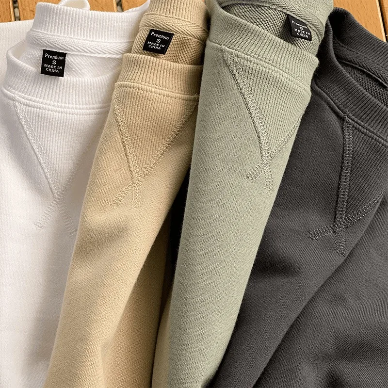 Heavyweight Crewneck Sweatshirt Men Loose Fit Plus Size Autumn Winter Pullover Solid Color Casual Basic Triangle Neck Top New