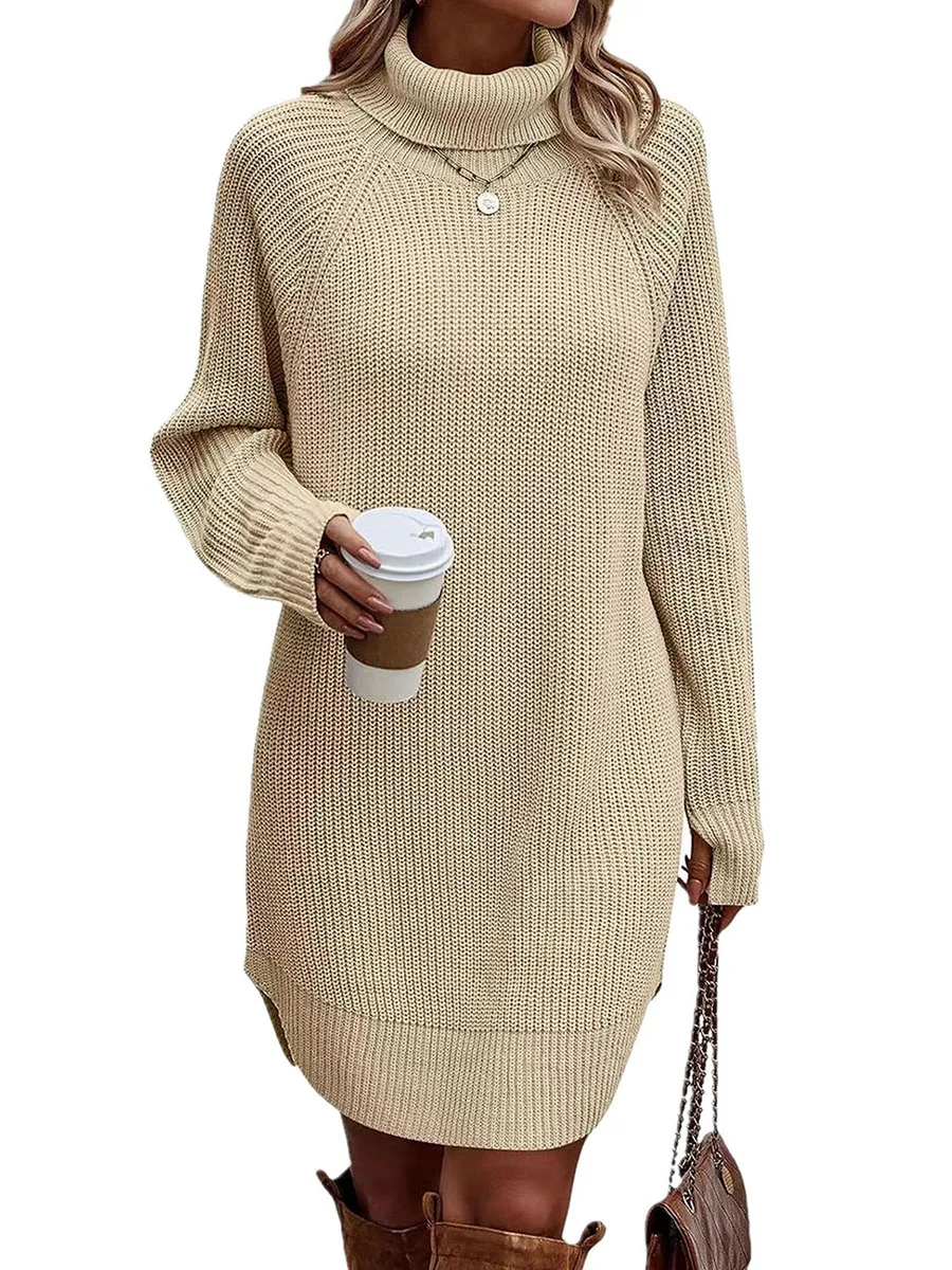 Women\'s Autumn Spring Sweater Dress Casual Long Sleeve Turtleneck Solid Color Knitted Dresses Female Winter Warm Knitwear Daily