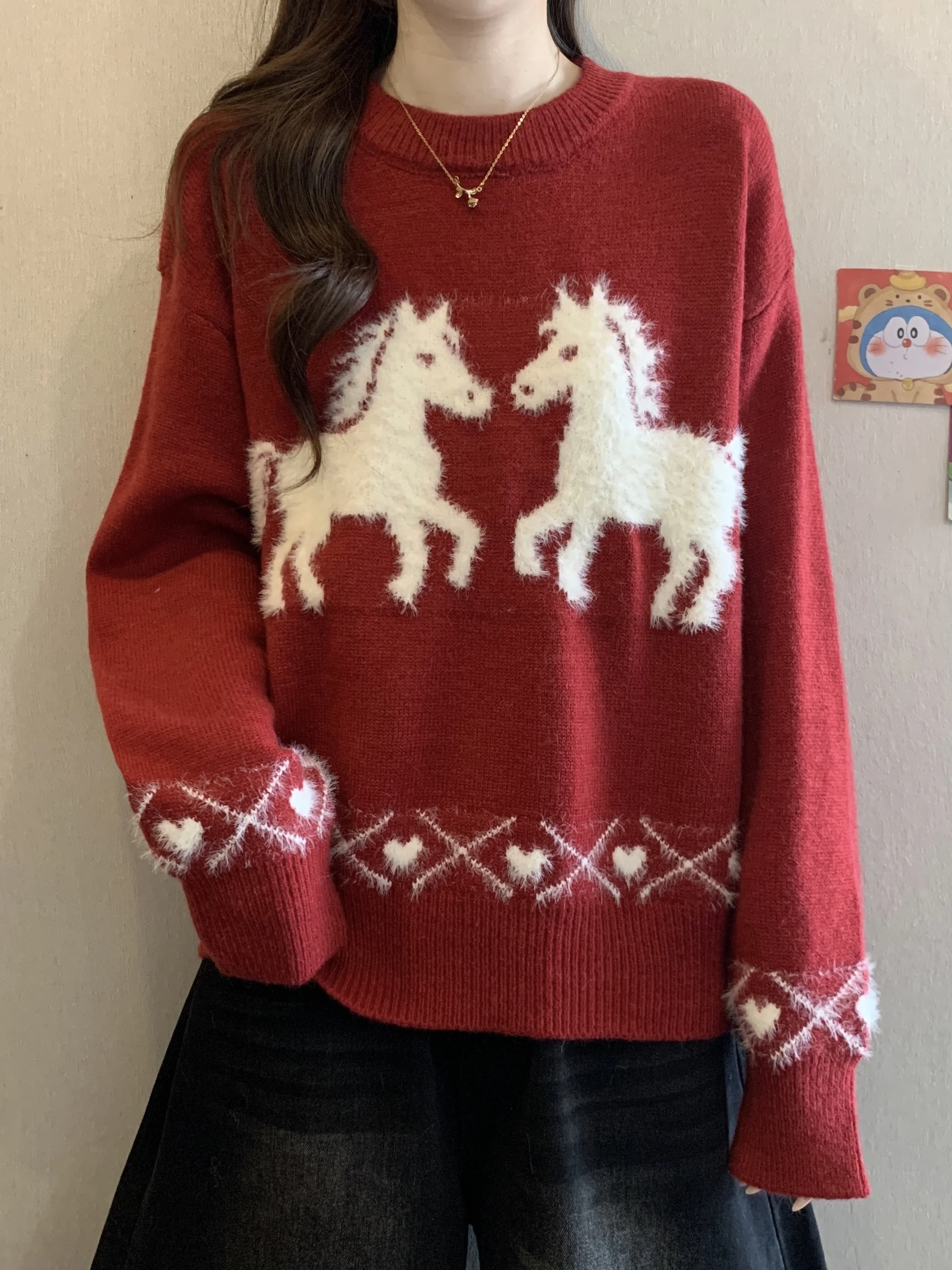 

Ele Red Long Sve Sweater Autumn Winter plus Size Women's Faionable Knitted Top for Younger Looking V Ne Commute Sle