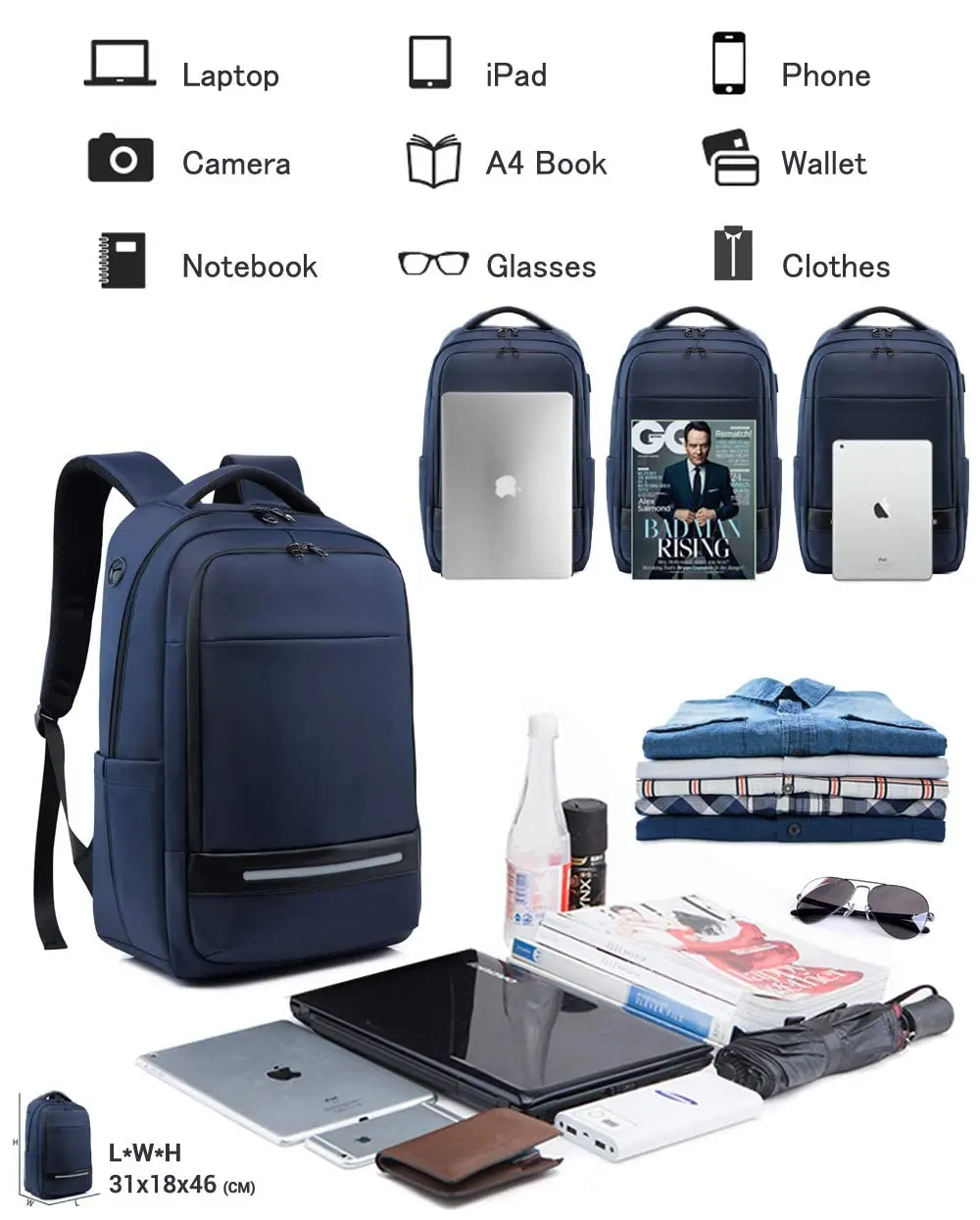 17 Polegada Mochila Laptop de Negócios para homens, Mochila Impermeável de Viagem Grande para a Escola Carry on Book bag Com Porta De Carregamento USB