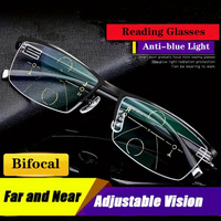 FG Stainless Steel Anti Blue Light Bifocal Reading Glasses Men Business Half Frame Presbyopia Eyeglasses +1.0 To +4.0