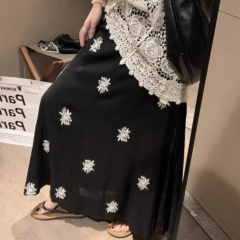 Linnen Geborduurde Rok Vrouwen Kant Patchwork Hoge Taille Een Lijn Chique Rok Harajuku Y2K Strand Vakantie Lange Rok