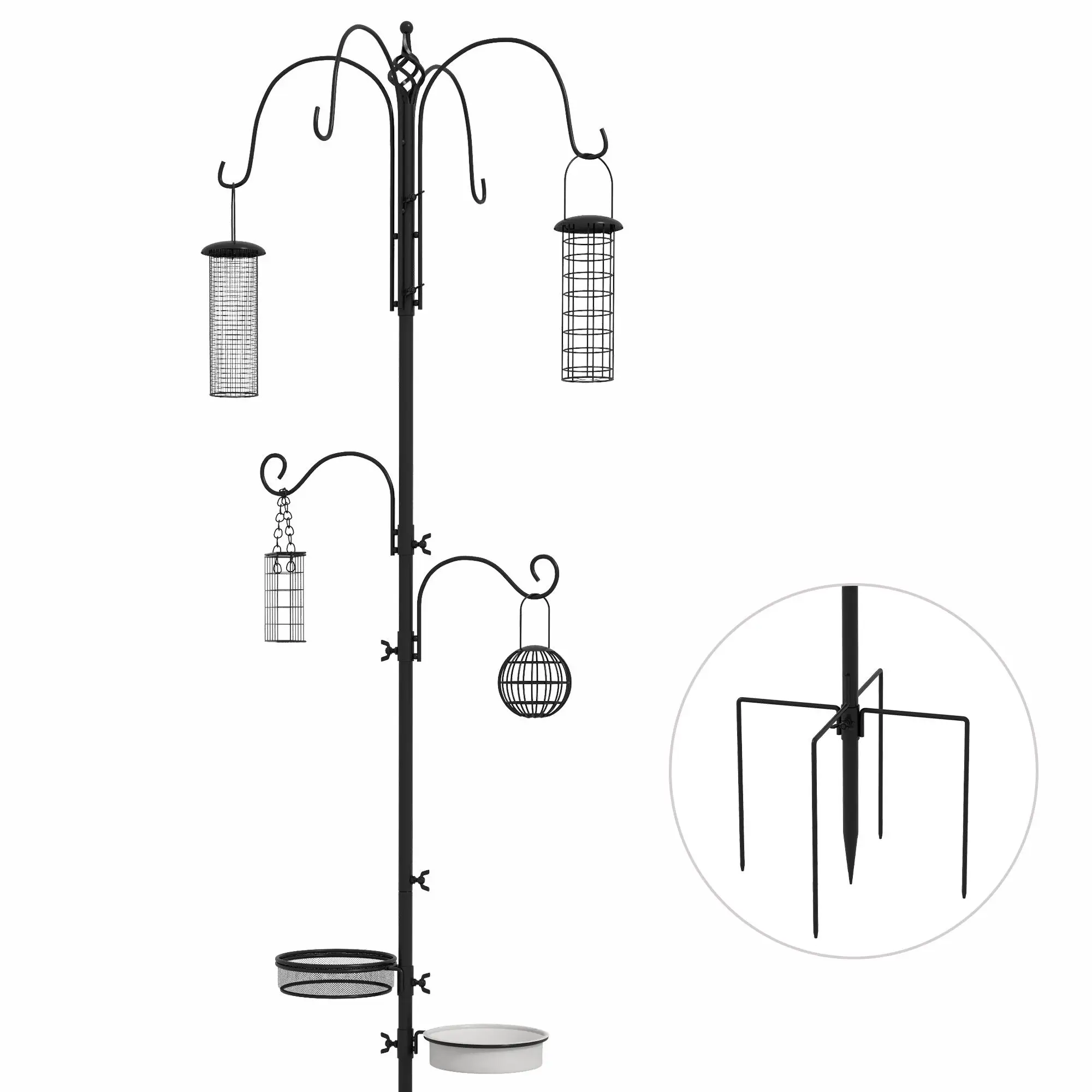 Comedero para pájaros Black Bird con 6 ganchos, 4 recipientes para semillas/frutos secos/bolas de grasa, Jardín y Patio