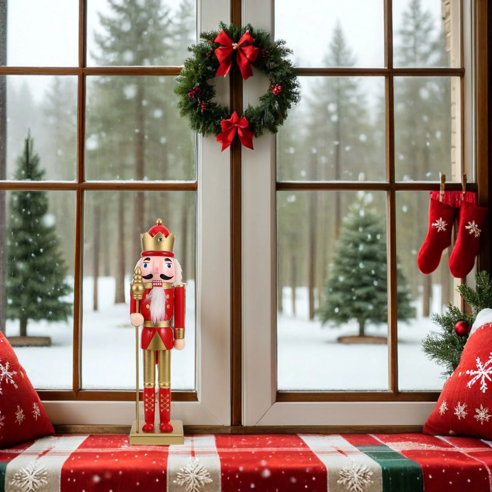 

Christmas Nutcracker Classic Wooden Style 38Cm Standing Holiday Tabletop Decoration New Year Mantel Fireplace