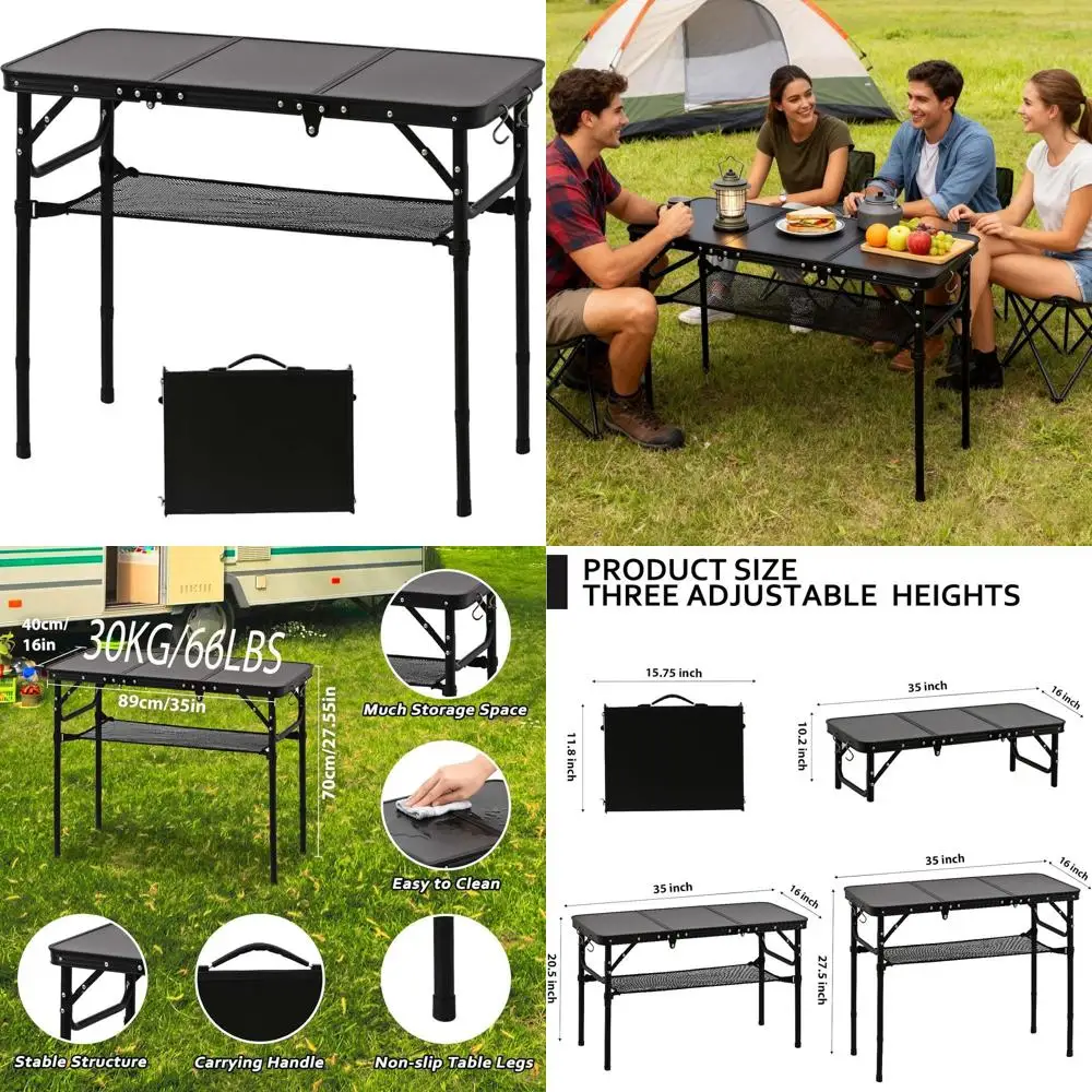 

Compact Folding Table with Storage Net, 35 x 16 Matte Black Aluminum, Height Adjustable up to 27.5, Portable for Outdoors and In