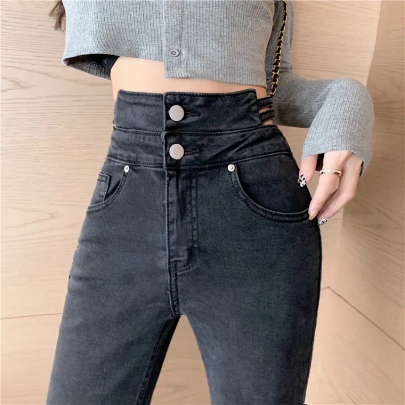 Ladies Fashion High Waisted Jeans Boots Pants Women Clothes Girls Cute Elastic Hollow Out Pencil Pants Female Trousers BVAP9905