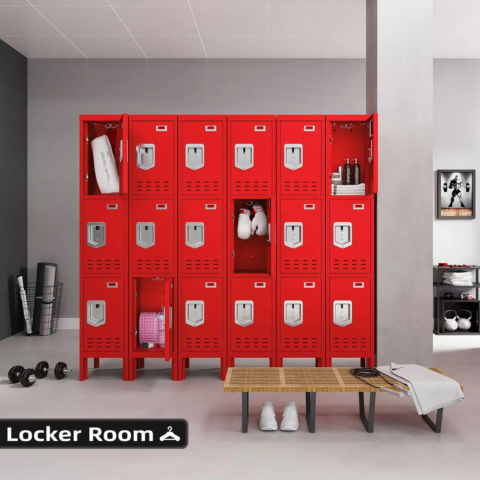 Metal Locker with 3 Doors Employees Locker, Metal Storage Locker with Hooks, 66" Storage Cabinet Lockers for Employees, Home, Of