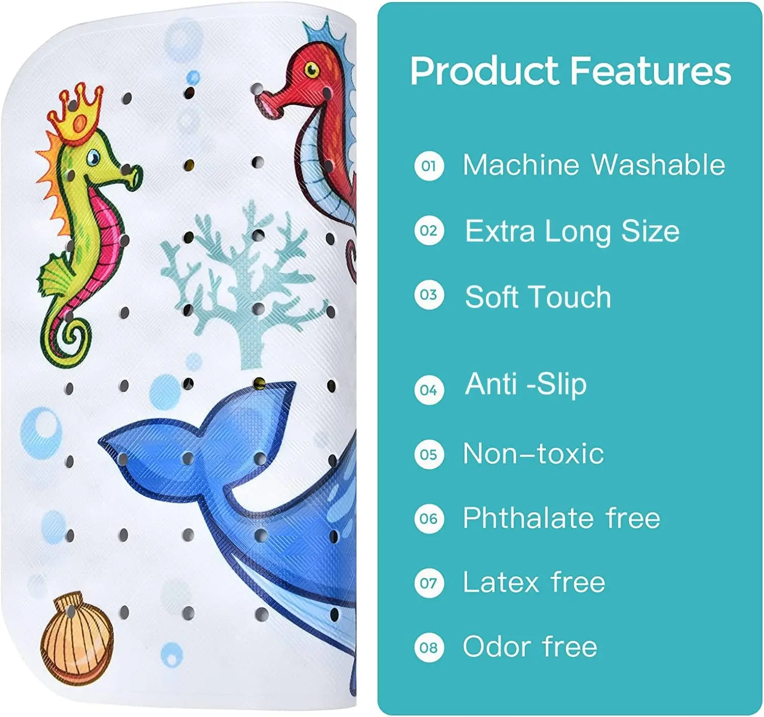 Baby Bath Mat Non Slip Bathtub Mats Kids 40X16 Inch Bathroom Toddler Anti Slip Shower Mat Cartoon Whale Suction Cups