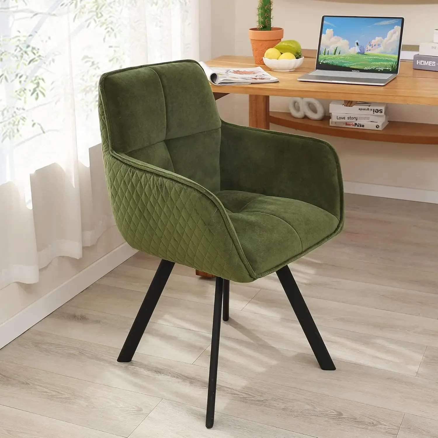 Modern Desk Chair No Wheels, Upholstered Swivel Arm Chair, Comfy Home Office Task Chair with Ergonomic Backrest, Tufted L