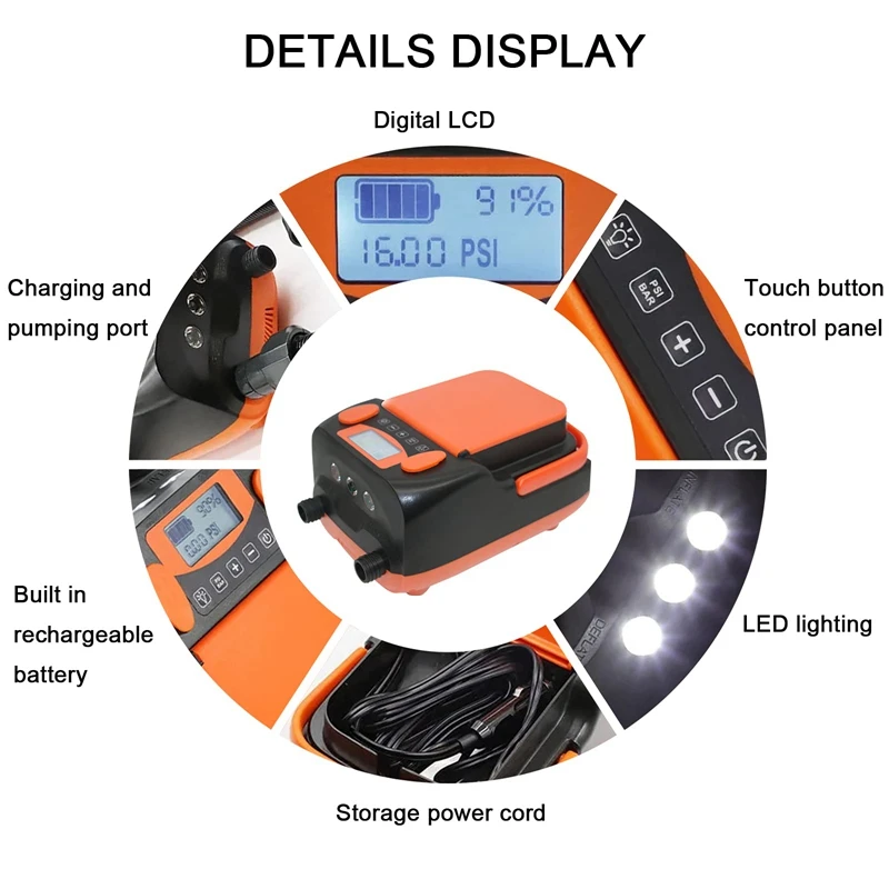 16PSI Intelligent Double Stage Air Pump With 6PCS Nozzles LCD Display 6000Mah Electric Pump Support Inflation Deflation