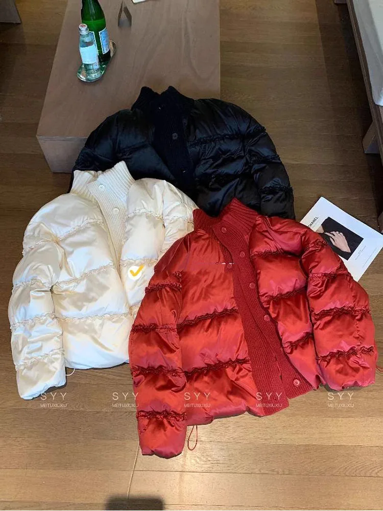 겨울 신상 스탠드 칼라 스플라이싱 니트 다운 재킷 여성용 숏 패션 만능 출퇴근용 두꺼운 따뜻한 코트