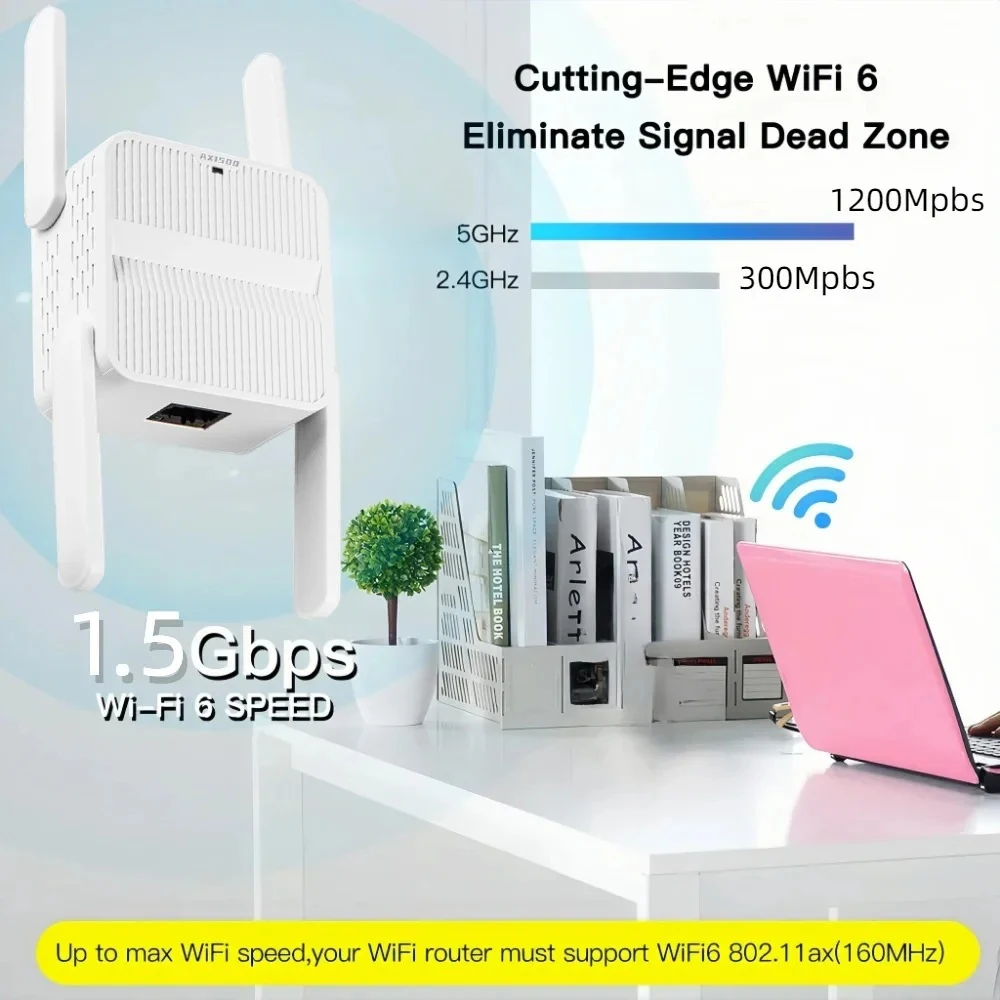 WiFi 6 AX1500 Repeater Extender Signalverstärker Dual Band 2,4 G/5 GHz Wi-Fi Signalverstärker Long Range Network Easy Set