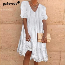 Women Lace Patchwork Pleated White Beach Midi Dress 2023 Summer Trendy V Neck Short Sleeve Loose Elegant Party Dresses Vestidos