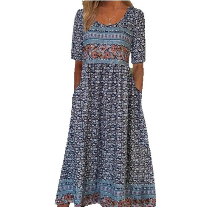 Gaun Maxi Patchwork Bunga Vintage Wanita Gaya Etnik dengan Hem Berwarna-warni, Gaun Panjang Longgar, Pakaian Liburan Bohemian