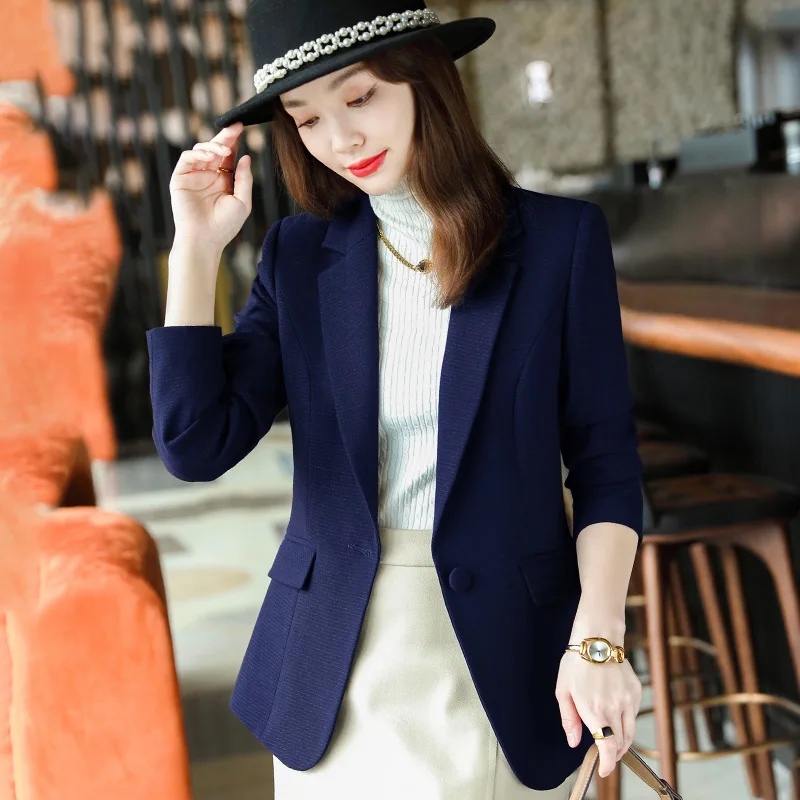 Spring New Fashion Women Midnight Navy Slim Blazer Office Lady Single Button Suit Jacket Girl Casual Coat Clothing Party Gift