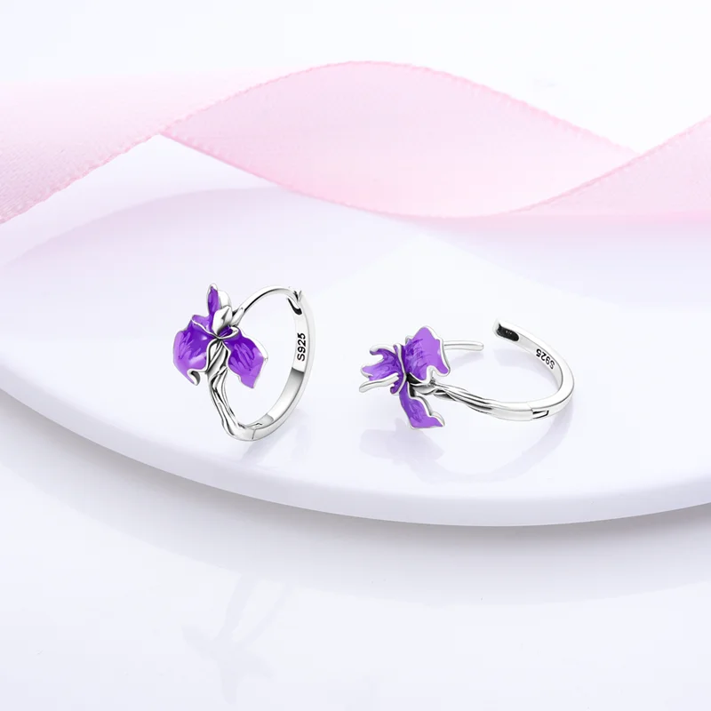 100% 925 Sterling Silver Earrings Purple Flower CZ U Shape Blue Zircon Jewelry For Sparkling Hoop Earrings Wedding