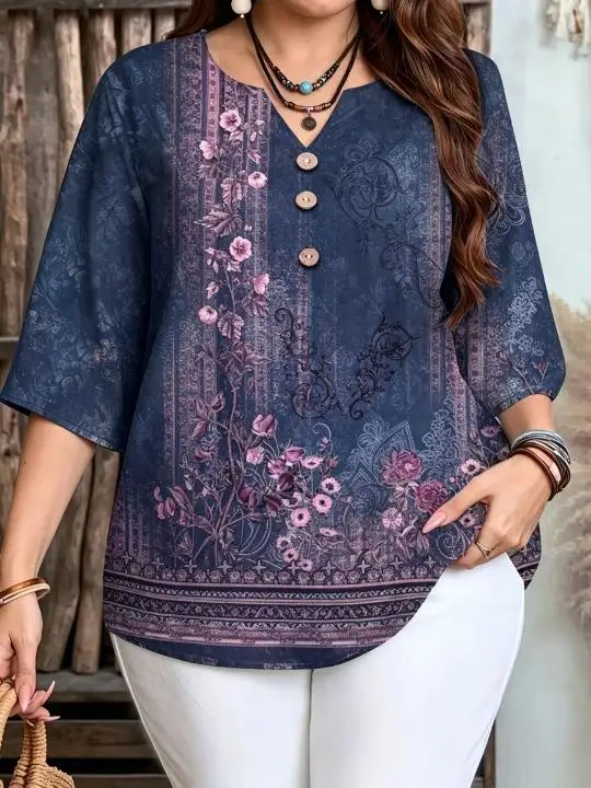 Women Vintage Vertical Floral Border Print Blouse Notched Neck 3/4 Sleeve Loose Fit For Curvy Figures Daily Casual Ladies Tops