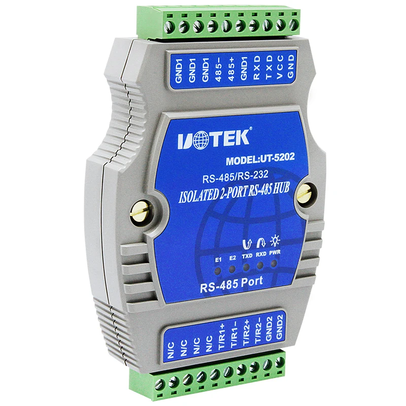 Factory Sale DIN-Rail Industrial RS232 RS485 to 2 Ports RS-485 Hub Asynchronous Half-duplex 15KV ESD RS 485 Hub UT-5202