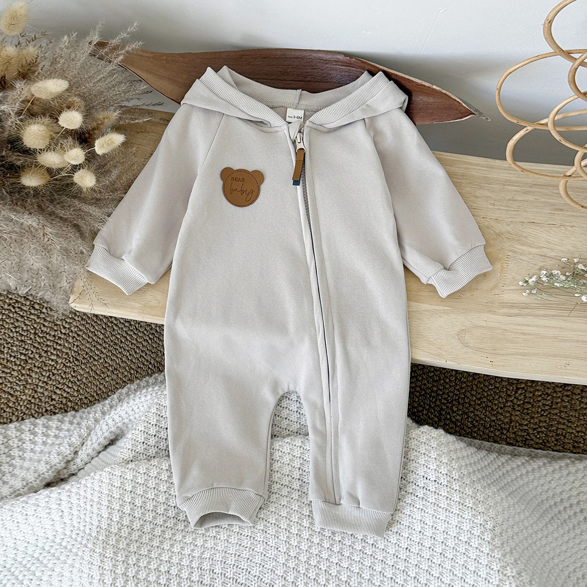 Korean Style Autumn Baby Boy Girl Clothes Hooded Cute Solid Color Zipper Jumpsuit Fashion Casual Comfortable Breathable Bodysuit - view 5