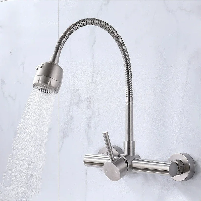 

Wall Mounted Stream Sprayer Kitchen Faucet Single Handle Dual Holes SUS304 Stainless Steel Flexible Hose Kitchen Mixer Taps