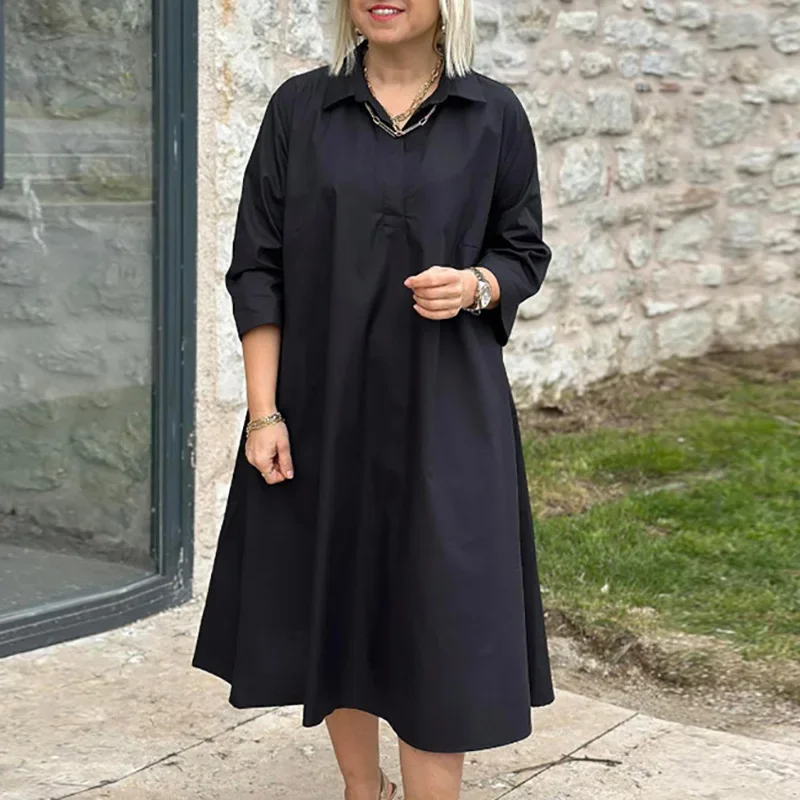 Primavera verão 3/4 manga solta camisa vestido senhora do escritório lapela bolsos sólido a linha vestido simples temperamento viajando midi vestido