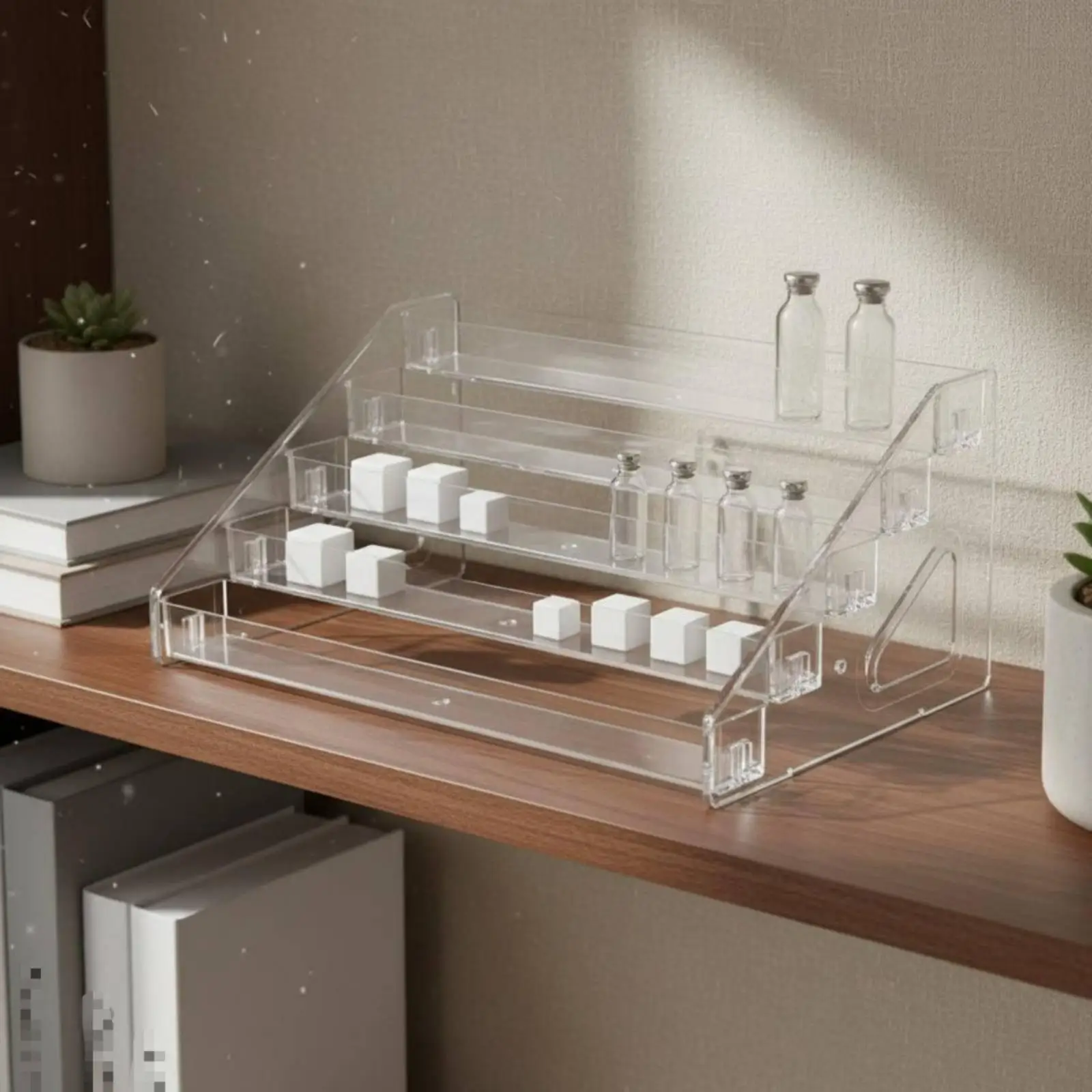 Clear Staircase Display Shelf Transparent Tiered Figurine Display Rack Large Capacity Slanted Acrylic Organizer for Desk