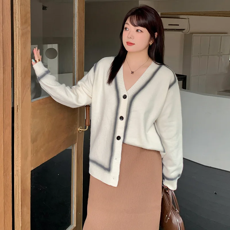 

Loose Women's Knitted Sweater Coat V-Neck Casual Lazy Style Winter Fashion plus Size Open Cardigan Sweet Style Long Sleeve