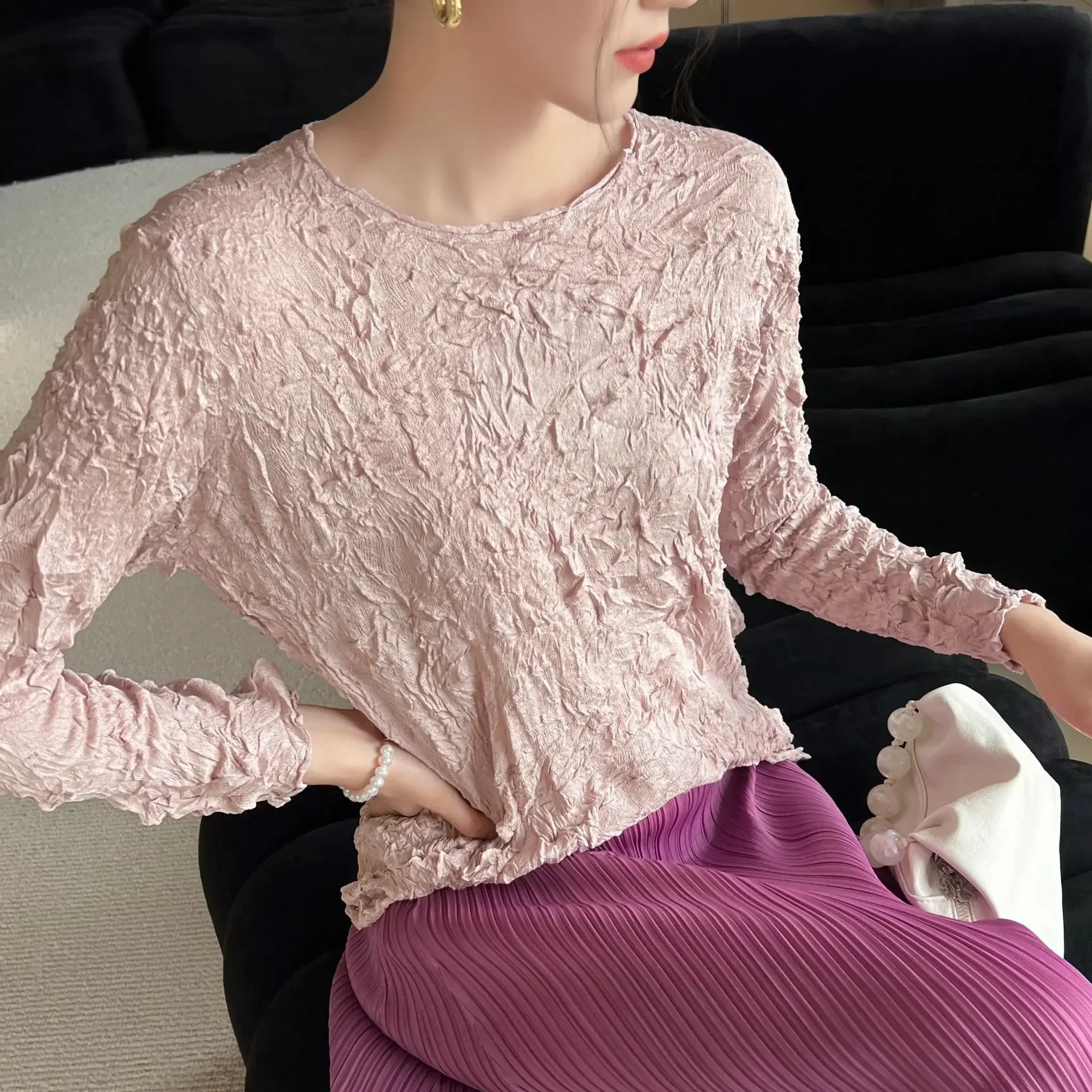 Pleats Pleated T-shirt 2025 Spring/summer High End Messy Pleated Soft Fabric Fashionable Top Can Be Underneath Single Wear