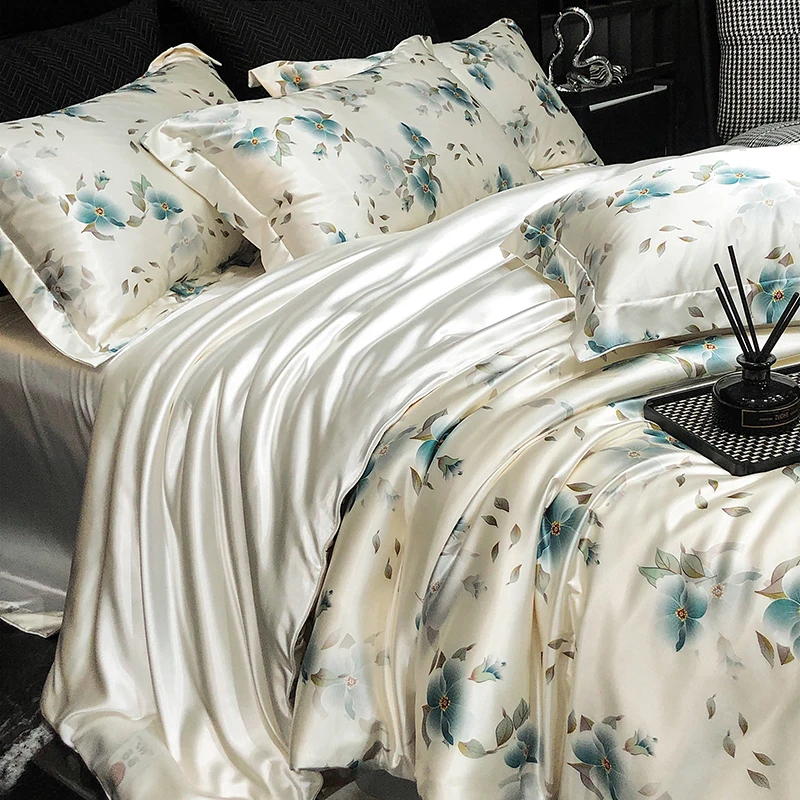High End Mulberry Silk Bedding Set Floral Printed Luxury Duvet Cover Set King Queen Size Comforter Cover Bed Sheet Pillowcases