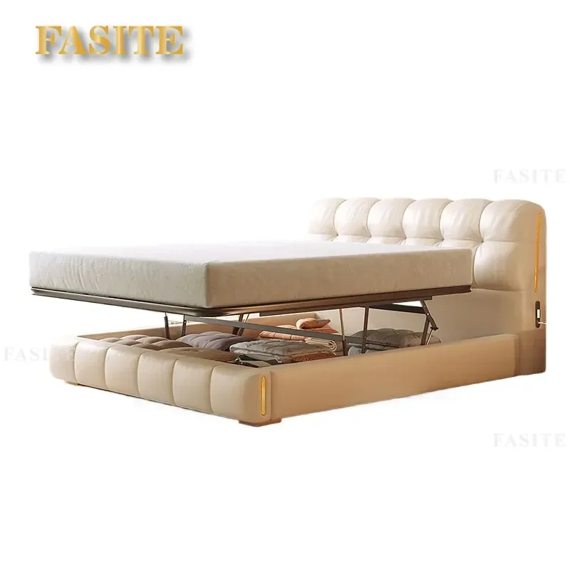 For French Light Luxury Cream Style Bed Modern Double Master Bedroom High End Atmospheric Storage Puff Piano Key Leather Bed
