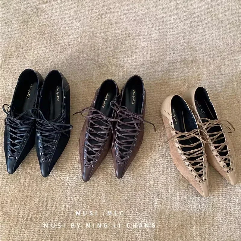 

Spring New Brand Women Flat Shoes Fashion Pointed Toe Lace Up Ladies Elegant Single Shoes Soft Flat Heel Boat Shoes