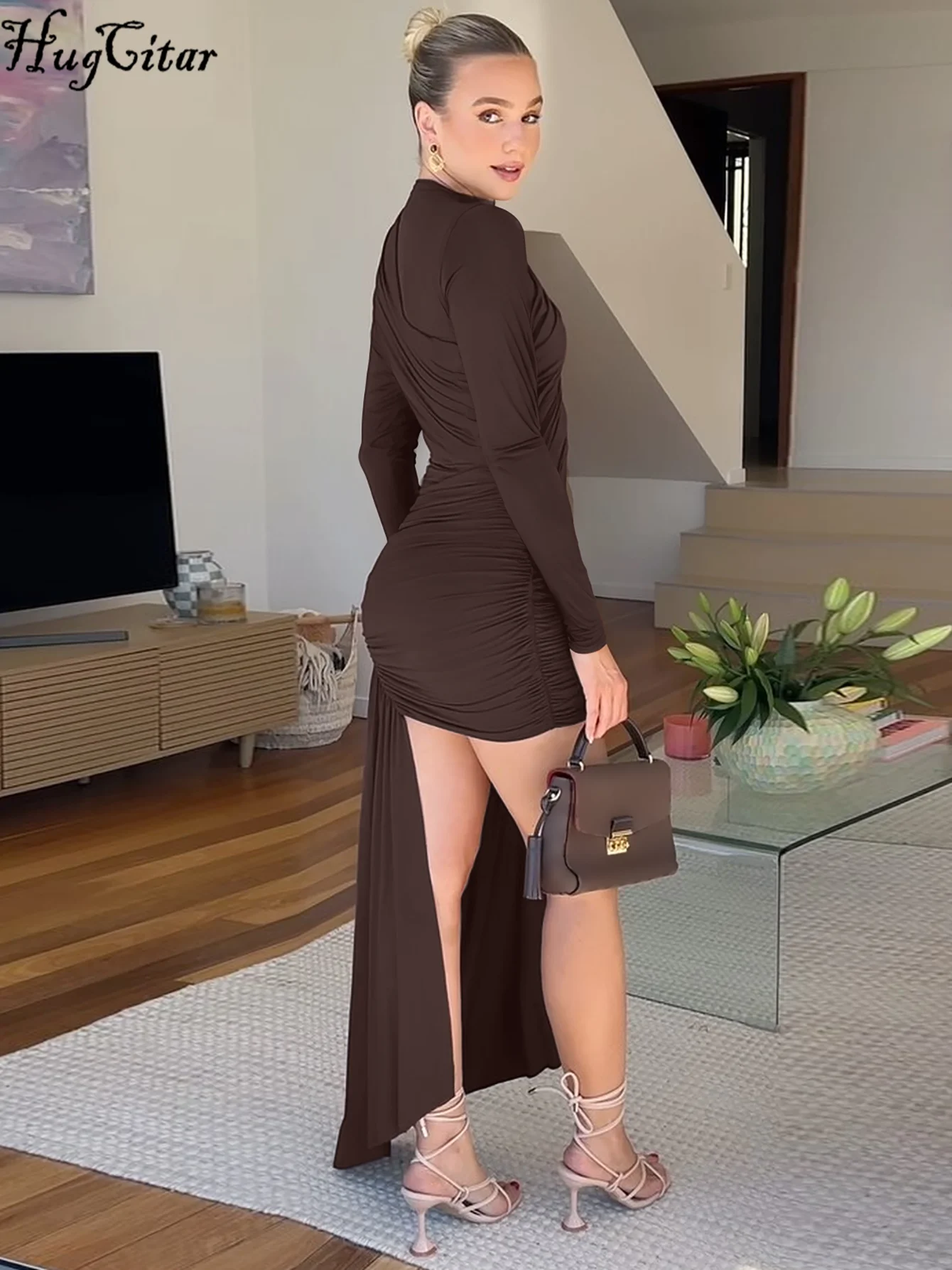 Hugcitar Fashion Turtleneck Long Sleeve Ruched Sexy Patchwork Sexy Slim Mini Dress Autumn Women Fashion Clothes Streetwear Party